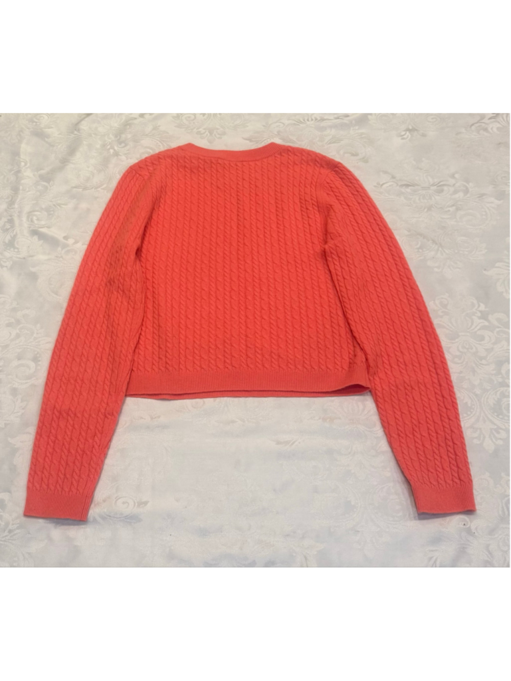 Alice + Olivia Ciara Cashmere Cable Knit Cropped Crewneck Sweater, Coral, L - Picture 4 of 7